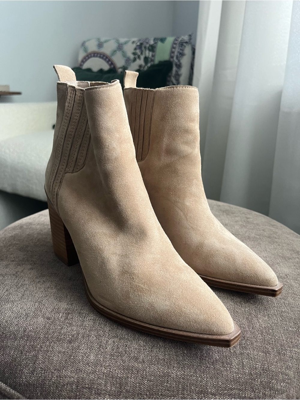 Steve Madden • Suede Pointed-Toe Ankle Boots in Beige